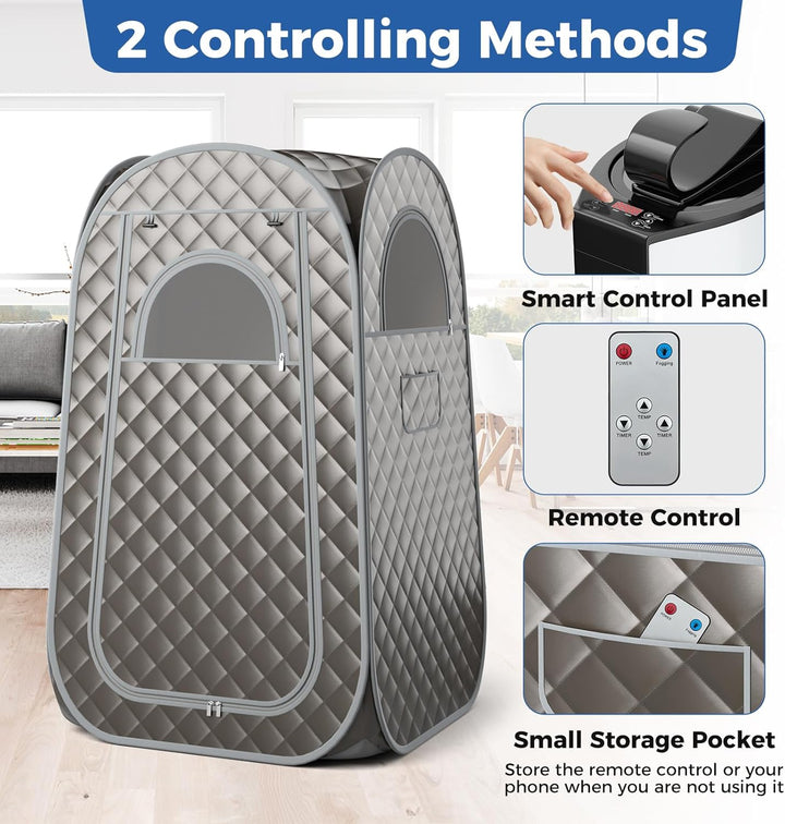 Portable Sauna Steam for Home, Folding Full Body Sauna Tent Steam Room with 3L Steamer Generator, Remote Control & Chair, Pop-Up Personal Home Sauna Pod Box for Therapy Detox Slimming (Grey)