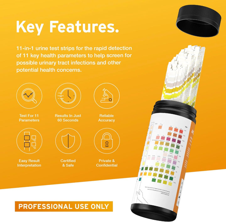 100 X AYDMED 11-In-1 Urine Test Strips | 11 Parameter Urine Test Strips for Urobilinogen, Bilirubin, Ketone, Blood, Protein, Nitrite, Leukocytes, Glucose, Specific Gravity, Ph & Ascorbic Acid