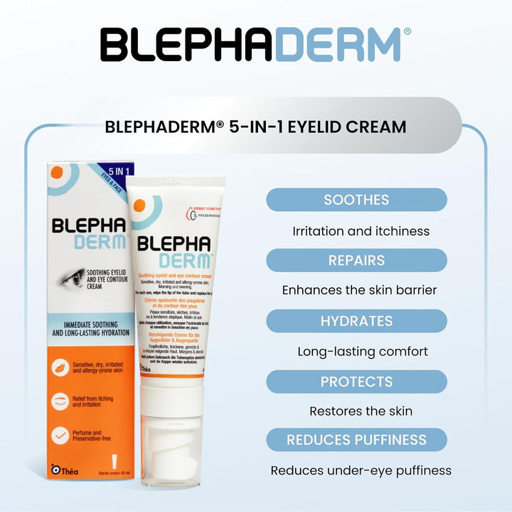 BLEPHADERM 5-In-1 Eyelid & Eye Contour Cream - Soothes, Repairs, Moisturises, Protects & Reduces Appearance of Puffiness for Sensitive, Dry, Irritated Skin 40Ml