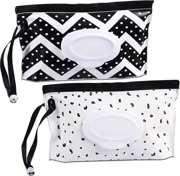 2 Pack Baby Wipe Dispenser, Portable Refillable Wipe Holder, Baby Wipes Container, Wipe Dispenser, Reusable Travel Wet Wipe Pouch (Black+White)