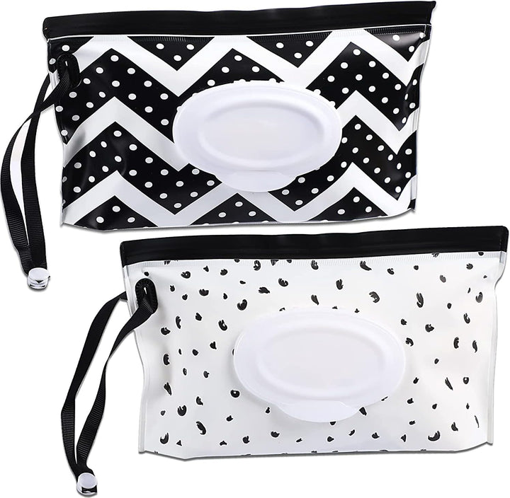 2 Pack Baby Wipe Dispenser, Portable Refillable Wipe Holder, Baby Wipes Container, Wipe Dispenser, Reusable Travel Wet Wipe Pouch (Black+White)