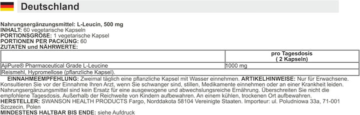 Swanson - Ajipure L-Leucine, 500Mg | Muscle Health and Recovery - 60 Veggie Capsules