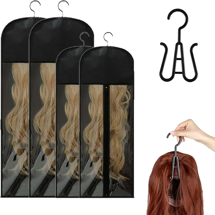 4-Pack Wig Storage Bags with Hanger (2 Large 31.5In +2 Medium 23.6In) Dual Size Transparent Window Organizer, Dustproof for Multiple Wigs & Extensions