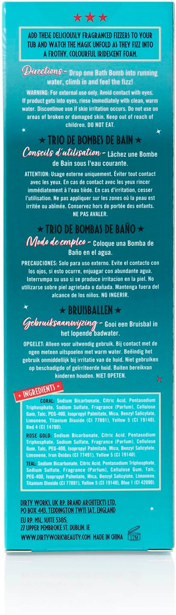 Dirty Works Trio Bath Bombs Gift Set – 3 Fizzing Bath Bombs with Essential Oils – Relaxing Aromatherapy Soak – Fun, Colorful & Moisturizing – Perfect Pampering Gift for Women & Teens