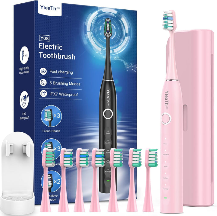 Sonic Electric Toothbrush for Adults and Kids - Sonic Toothbrush with 8 Toothbrush Heads (3 Types) and 5 Modes, 120 Days Battery Life, 50000 VPM, Travel Case and Wall Holder, 2 Minute Timer, USB C