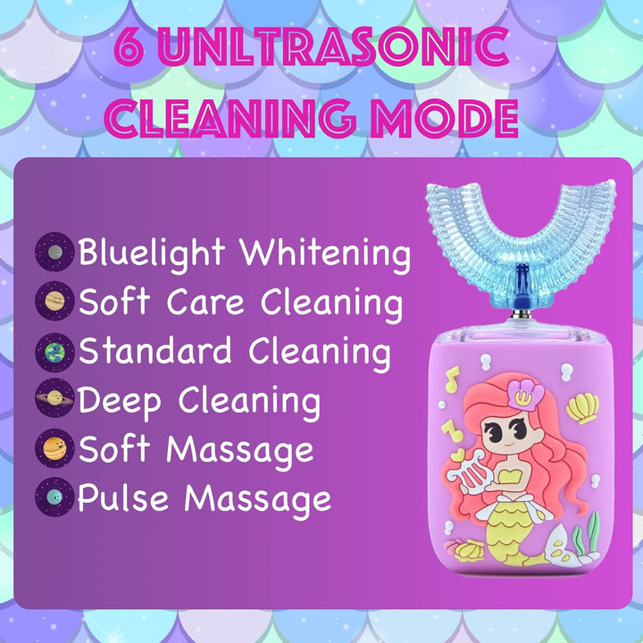 Kids Electric Toothbrushes, U Shaped Toothbrush Kids Sonic Automatic Brush with 5 Brush Head 6 Sonic Clean Modes IPX7 Waterproof Mermaid Design Rechargeable Smart Timer for Children 8-14