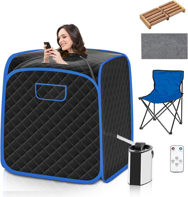 Portable Steam Sauna Tent, Folding Personal Full Body Spa Steam Pot with 9-Gear Adjustable Temperature & Timer, Remote Control, Chair, Home Saunas Spa for Relaxing Body Therapy Slimming (Black)