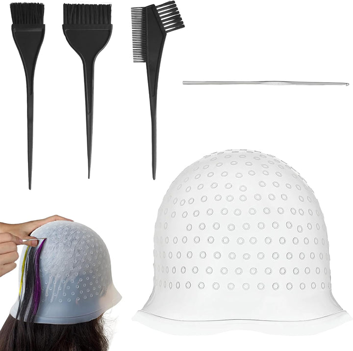 5PCS Highlighting Cap Highlight Cap and Hook Kit Hair Highlighting Kit Professional Silicone Reusable Kit for Color Hair Salon Hairdressing Dyeing Staining Tools for Women Men(With Punch Holes)