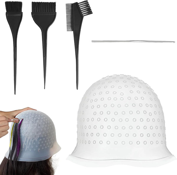 5PCS Highlighting Cap Highlight Cap and Hook Kit Hair Highlighting Kit Professional Silicone Reusable Kit for Color Hair Salon Hairdressing Dyeing Staining Tools for Women Men(With Punch Holes)