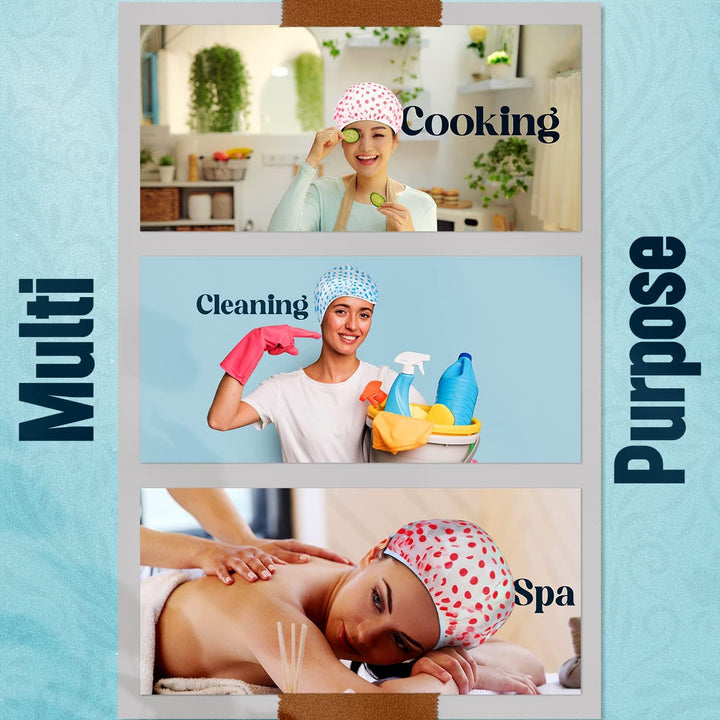 Nimxy Pack of 4 Shower Cap, Reusable Shower Caps for Women & Men - Waterproof with Elastic Band & Soft Lining (Dotted)