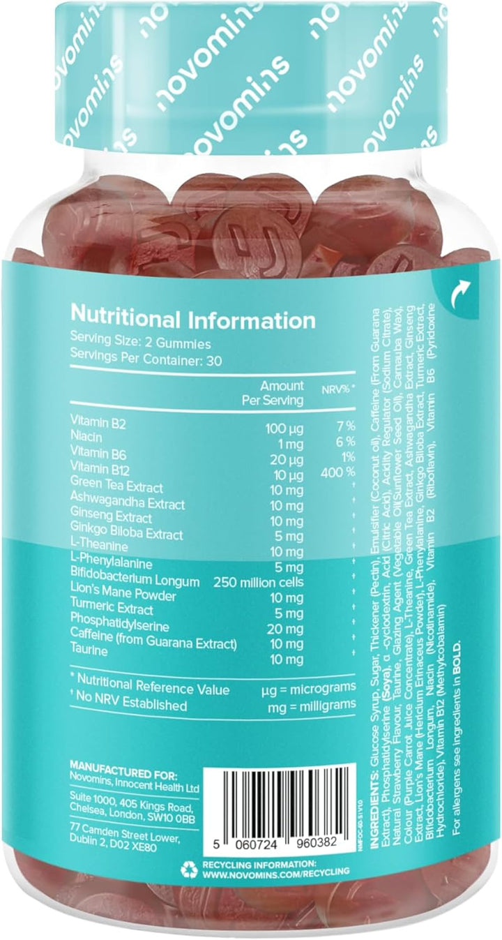 Focus Gummies - Ashwagandha, Lions Mane, Gingko Biloba, Vitamin B12 & Caffeine - 1-Month Supply - Focus, Memory & Energy Support - Gluten-Free Nootropics & Mushrooms - 60 Gummies -