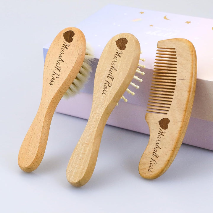 Personalized Baby Hair Brush and Comb Set for Newborn -  Wooden Toddler Hair Brush Set with Soft Goat Bristle, Baby Brush Set for Newborn, Toddler Cradle Cap Brush Perfect Baby Registry (A)