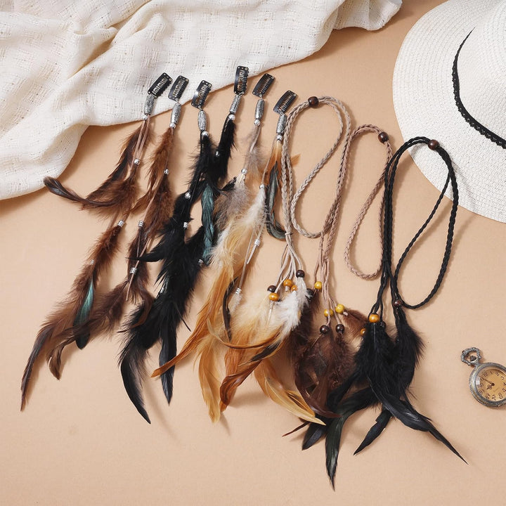 9Pcs Feather Headband with Clip - Boho Hippie Hair Extensions and Headpiece Set with Comb for Women
