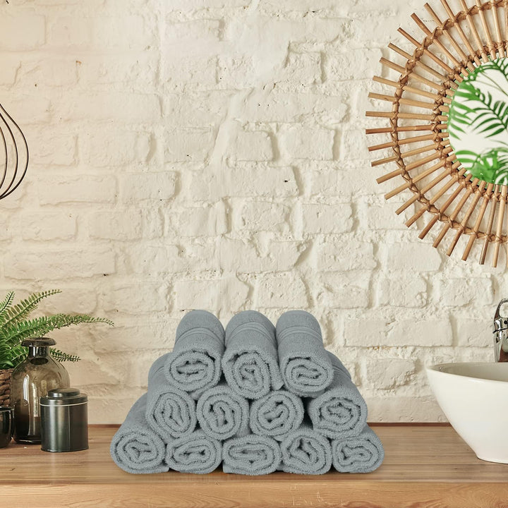 - 12 Pack Luxury Wash Cloths Set (30 X 30 CM) 100% Cotton Ring Spun, Highly Absorbent and Soft Feel Washcloths for Bathroom, Spa, Gym, and Face Towel (Cool Grey)