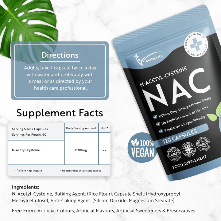 NAC Supplement 1200Mg Daily Serving– 120 Vegan Capsules, 2-Month Supply – High Strength N-Acetyl-Cysteine for Daily Use – UK Made, Non-Gmo, Gluten-Free, Dairy-Free, High Bioavailability Formula