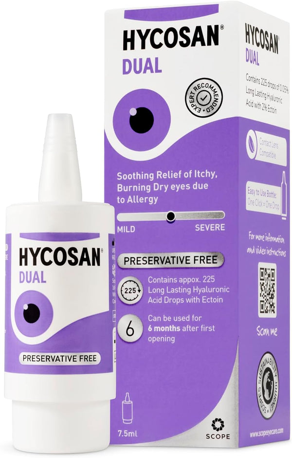 Dual - Double Action Eye Drops with Hyaluronic Acid and Ectoin for Soothing Relief of Itchy, Burning or Dry Eyes Due to Allergens - Preservative Free - 225 Measured Doses