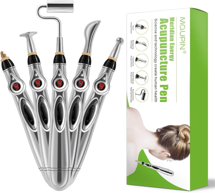 Acupuncture Energy Pen, Pulse Relief Massage Pen with 5 Massage Heads,Pain Relief Therapy Electric Meridians Acupuncture Machine Meridian Energy Pen for Pain Relief， Nine Power Levels