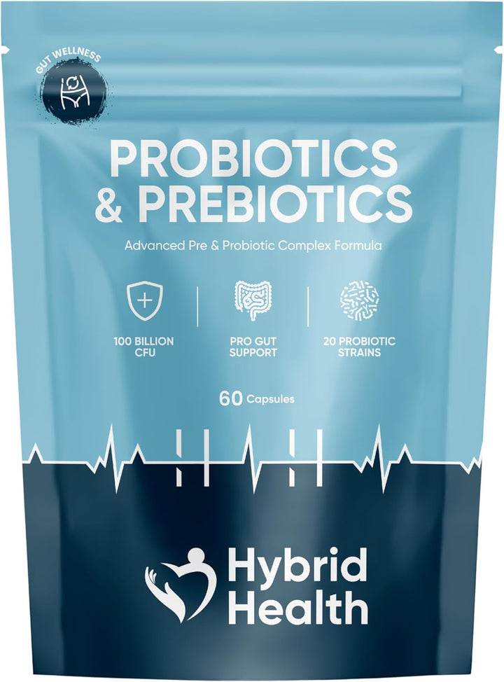 Probiotics & Prebiotics Complex | 120 Vegan Capsules | 100 Billion CFU | Advanced Strength Probiotics with 20 Diverse Strains | Pre & Probiotic for Women and Men