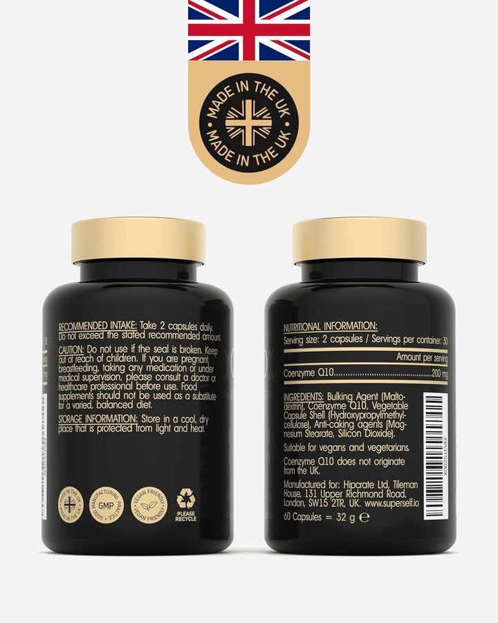Coq10 Supplement - Coenzyme Q10 High Strength 200Mg - 60 Capsules - Vegan Naturally Fermented Ubiquinone - Co Enzyme CQ10 High Absorption - UK Made