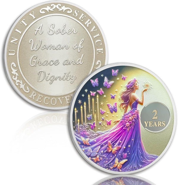 Butterfly Fairy 2 Year Sobriety Chip, Sober Women Two Year Sober Chip - Clean AA Chips and Medallion - Recovery Affirmation NA AA Coin - Narcotics Alcoholics Anonymou Sobriety Gifts for Women