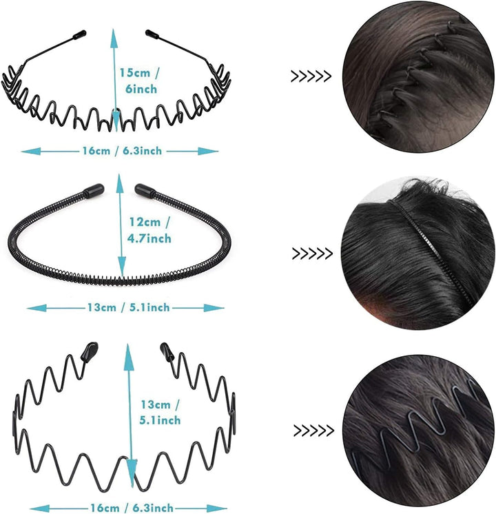 Metal Headband Mens Hair Band Non-Slip Sports Hair Hoop for Men Black Wavy Fashion Hair Band for Outdoor Weddings (6 PCS)