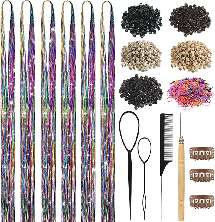 Hair Tinsel,18 Colors Hair Tinsel Kit for Girls 7600 Strands Fairy Tinsel Hair Extensions Holographic Hair Tinsel Heat Resistant Colored Hair Glitter Christmas Party Festival
