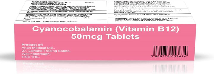 Cyanocobalamin Vitamin B12 50Mcg 50 Tablets - Suitable for Vegans & Vegetarians - Food Supplement - for Men & Women - Made in UK