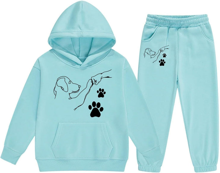 Girls Casual Hooded Tracksuit with Cute Cartoon Fist Bump Print and Drawstring Pockets for Autumn Winter Season