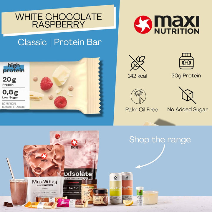 Classic Protein Bar White Chocolate Raspberry 40G, 20G Protein per Bar, 142 Kcal, 3.8G Fat 16 X 40G Bars,