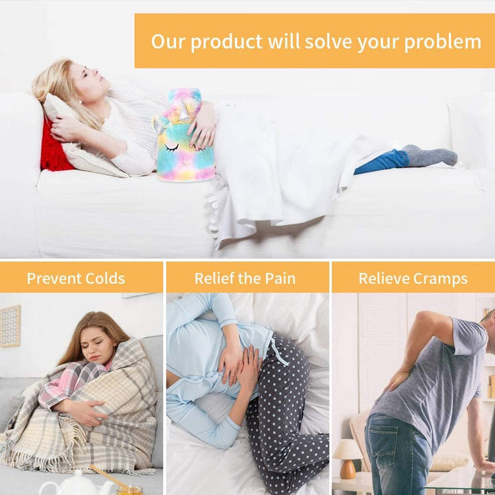 Hot Water Bottle with Cover,Removeable & Washable Soft Unicorn Bottle Cover,Natural Rubber 1 L (Yellow)