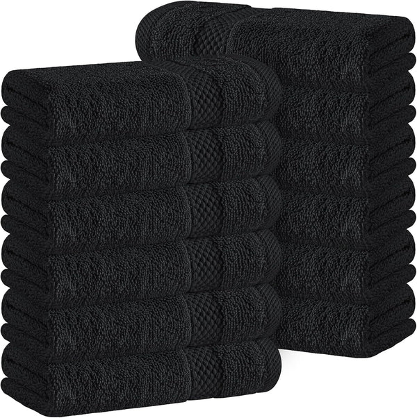 Luxury Cotton 12 Pc Flannel Set, Hotel Style Small Bath Towel and Face Cloth 33X33 Cm, Black Soft Plush Flannels Pack of 12, Thick High Absorbent Wash Clothes, Face Towels
