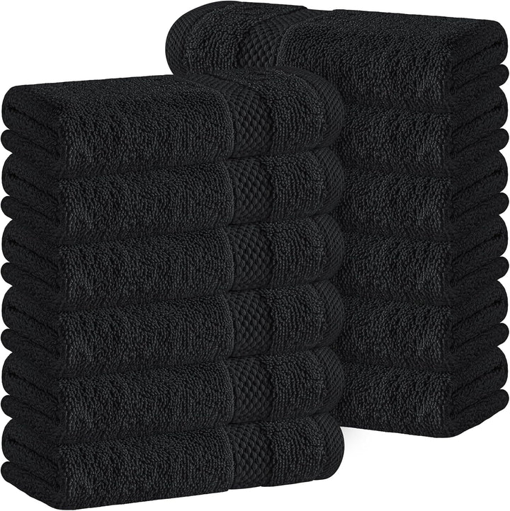 Luxury Cotton 12 Pc Flannel Set, Hotel Style Small Bath Towel and Face Cloth 33X33 Cm, Black Soft Plush Flannels Pack of 12, Thick High Absorbent Wash Clothes, Face Towels