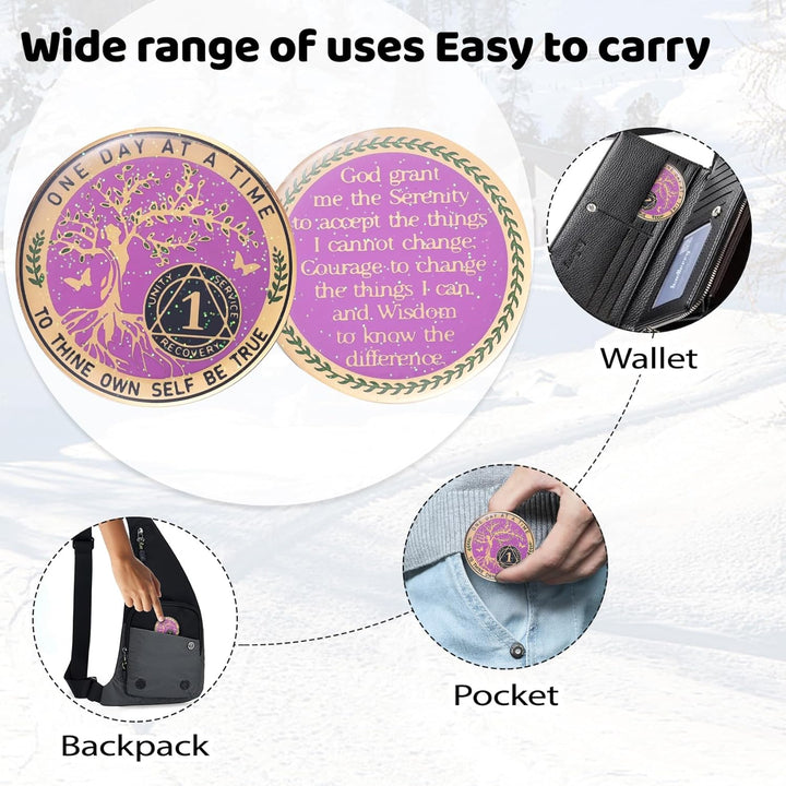 One Year Sobriety Coin AA Chips and Medallions Sobriety Coin for Women Tree of Life Recovery Coins Anniversary Token Sobriety Gifts Alcoholics Anonymous Gift - to Thine Own Self Be True