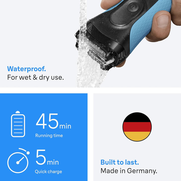 Series 3 Proskin Electric Shaver, Rechargeable and Cordless Wet & Dry Electric Razor for Men with Pop up Precision Trimmer, 3040Si, Black/Blue