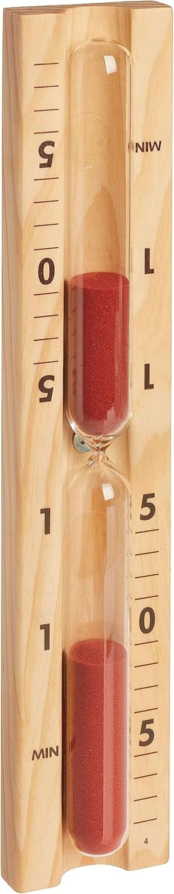 Dostmann 40.1058.11 Analogue Sauna Sand Timer 15 Minutes Made of Heat Resistant Materials Pine and Glass, Perfect as Sauna Accessory, Red Sand, Brown