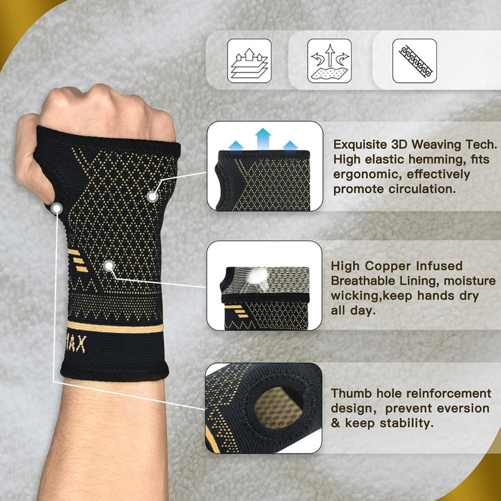 Wrist Support Sleeve 1 Pair, High Copper Infused Compression Brace with Thumb Loop, Left/Right Palm Hand for Carpal Tunnel, Arthritis, Tendonitis, Pain Relief, Sport Black, M