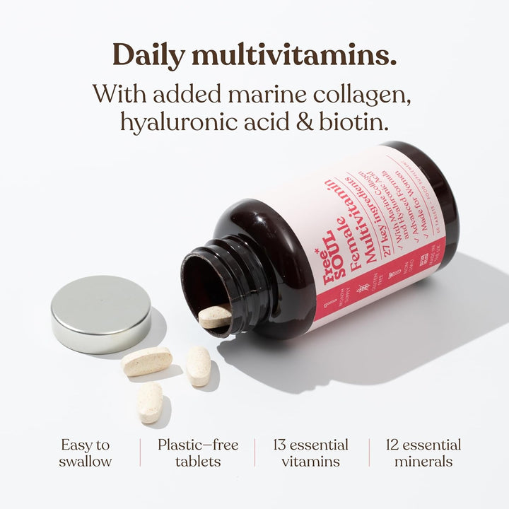 Women'S Multivitamins & Minerals with Marine Collagen & Hyaluronic Acid | 27 Essential Vitamins, Minerals, & Botanicals | Gluten-Free & No Synthetic Fillers or Binders | 60 Tablets |