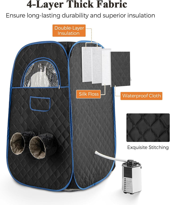 Portable Steam Sauna, Full Size Home Personal Sauna Tent with 3L 1000W Steamer, Remote Control, Folding Chair, Foot Massager Board, Foldable Full Body Steam Spa (Black)