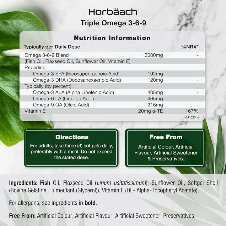 Triple Omega 3 6 9 Capsules 3000Mg ALA, LA & OA | 240 Softgels | High Strength EPA & DHA Essential Fatty Acids | Supplement with Fish Oil, Flaxseed & Sunflower Oil | by