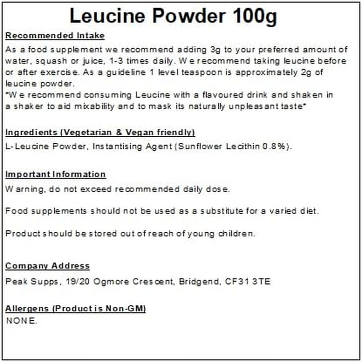 Leucine Powder 100G - Instant (Mixes Easily) - Vegan