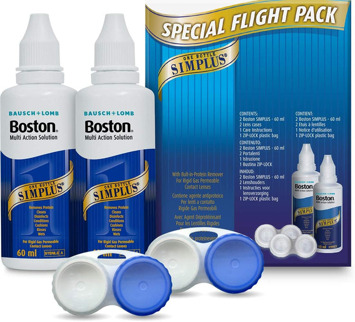 Simplus Travel Contact Lens Solution, 2X 60Ml Flight Pack Size, Multi-Action Solution for Rigid Gas Permeable Contact Lenses, Clean, Disinfect & Condition, 2X Lens Cases for Travel Convenience