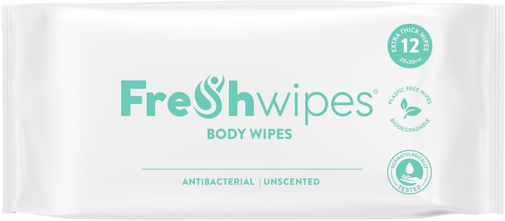 Antibacterial Body Wet Wipes for Adults 1 Pack (12 Wipes) - Coconut Scent - Extra Large Biodegradable - Dermatologically Tested & Suitable for the Elderly or Disabled - Great for Camping