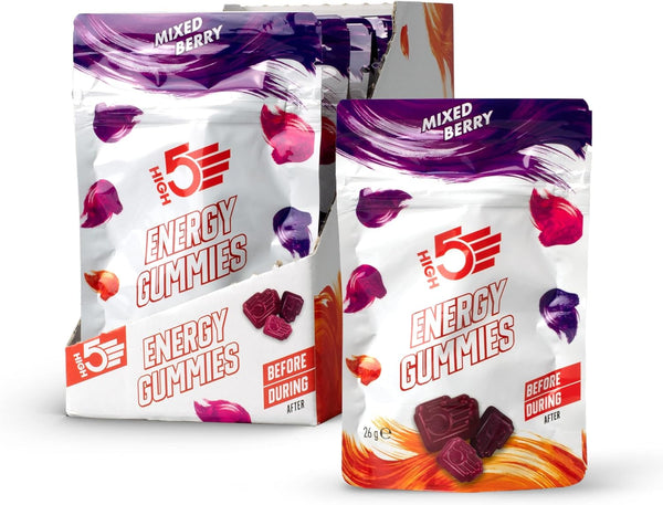 Energy Gummies - Quick Release Carbohydrate Supplements for Running, Cycling, Hiking - 10X26G Portable Resealable Pouches - Natural Vegan Energy Chews with Electrolytes & Vitamin B6, Mixed Berry