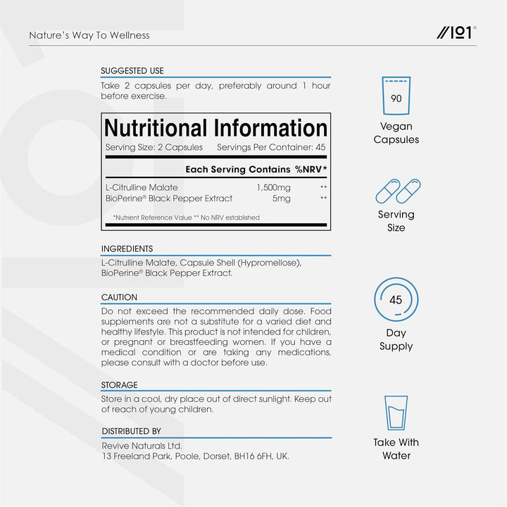 L-Citrulline Malate 1500Mg with Bioperine® - 90 Vegan Capsules - High Strength Fermented Amino Acid Supplement - 45 Day Supply - Resealable and Recyclable Pouch by