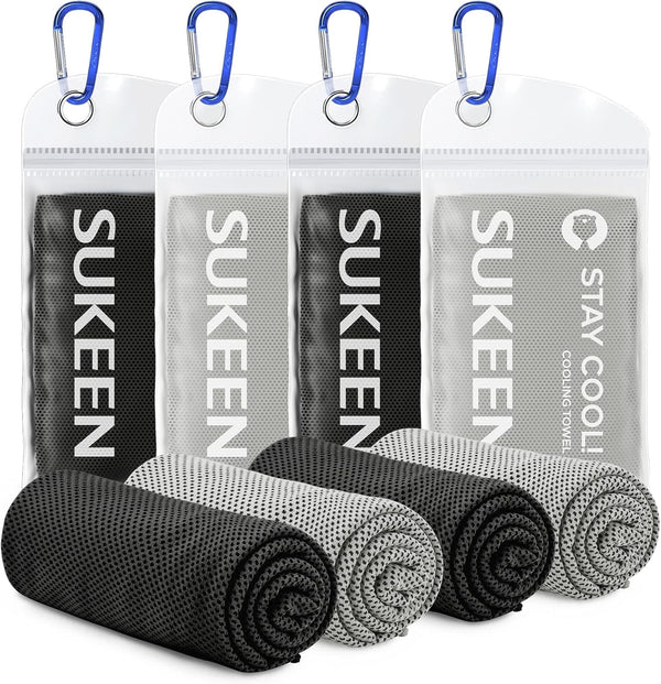 Cooling Towel 4 Pack - Stay Cool Ice Towels for Neck, Gym Use - Men and Women (2 Grey, 2 Black)