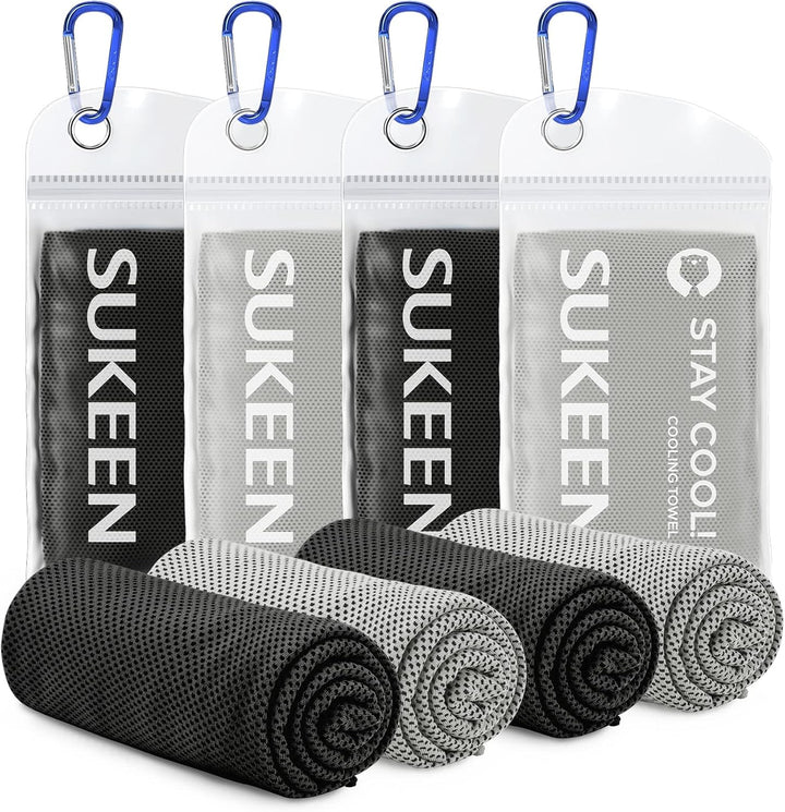 Cooling Towel 4 Pack - Stay Cool Ice Towels for Neck, Gym Use - Men and Women (2 Grey, 2 Black)