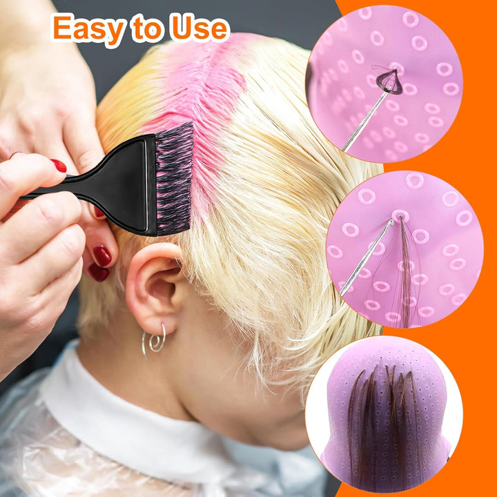 Hair Highlight Cap Set, Wiederverwendbare Silikon-Haarkappe Für Strähnchen, Komplettes Set Mit Pinsel Und 2 Handschuhen, Einfache Anwendung Für DIY Strähnchen Zuhause Oder Im Salon
