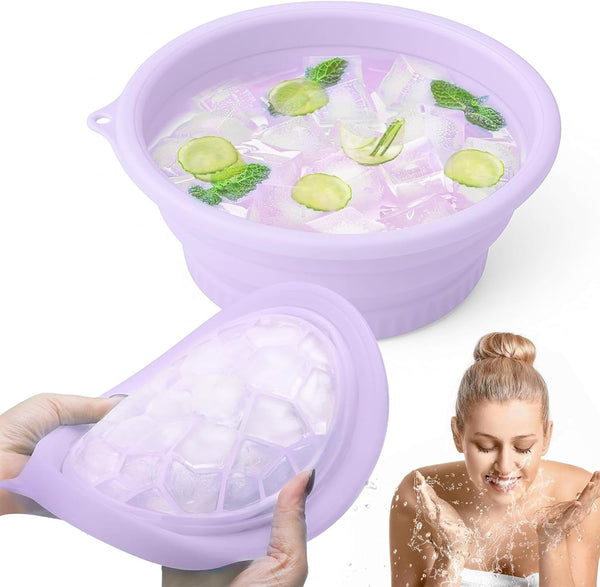 Silicone Ice Bowl for Face, Foldable Face Bowl with Built-In Icetray, Portable Quick Cooling Facial Washing Basin for Soothe Skin, Wash Basin for Home Use or Travel (Purple)