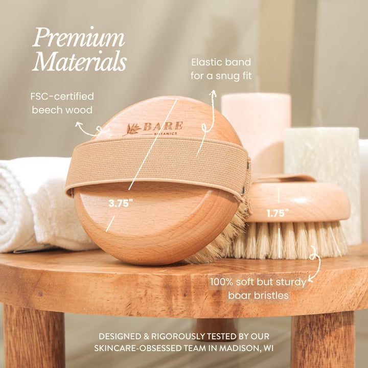 Dry Body Brush for Lymphatic Drainage - Improve Circulation W/Gentle Exfoliation for Soft Skin - Ergonomically Designed W/Elastic Strap - Soft but Firm Natural Boar Bristles