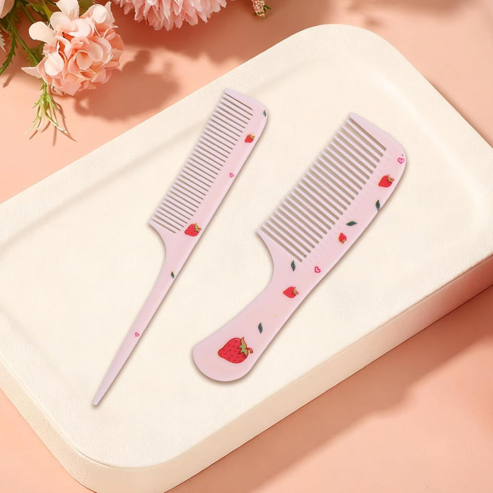 4Pcs Cute Hair Comb Set, Strawberry & Ice Cream Kids Toddler Baby Comb Fine Tooth & Rat Tail Combs Small Tiny Mini Miniature Plastic Hair Brush for Women Girls Kids All Types